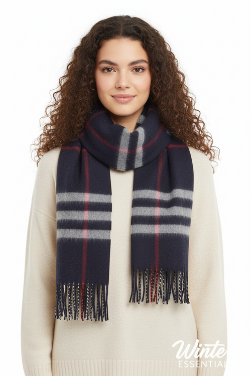 Blue Plaid Scarf Ultra Plush Pashmina Wool Blend 6ft Long Unisex Navy